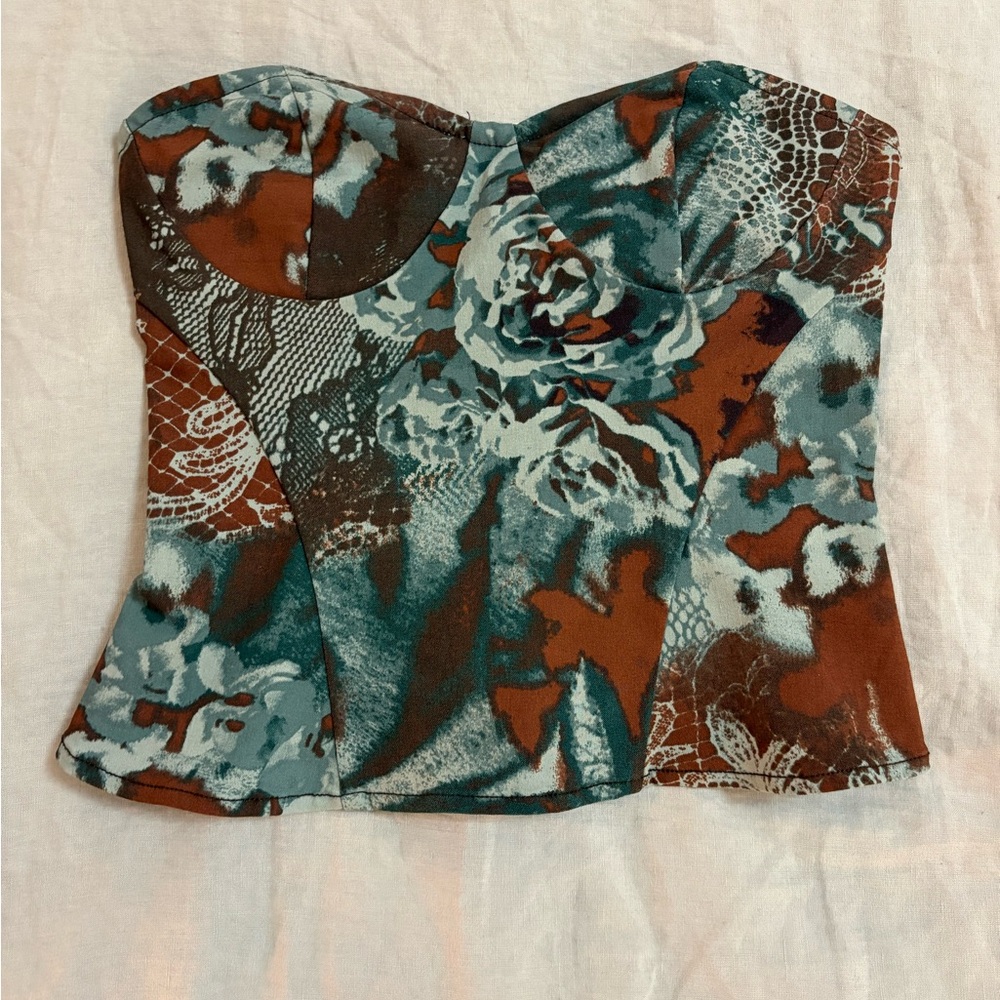 Urban Outfitters silence + noise Strapless Floral Corset Top in Teal & Rust